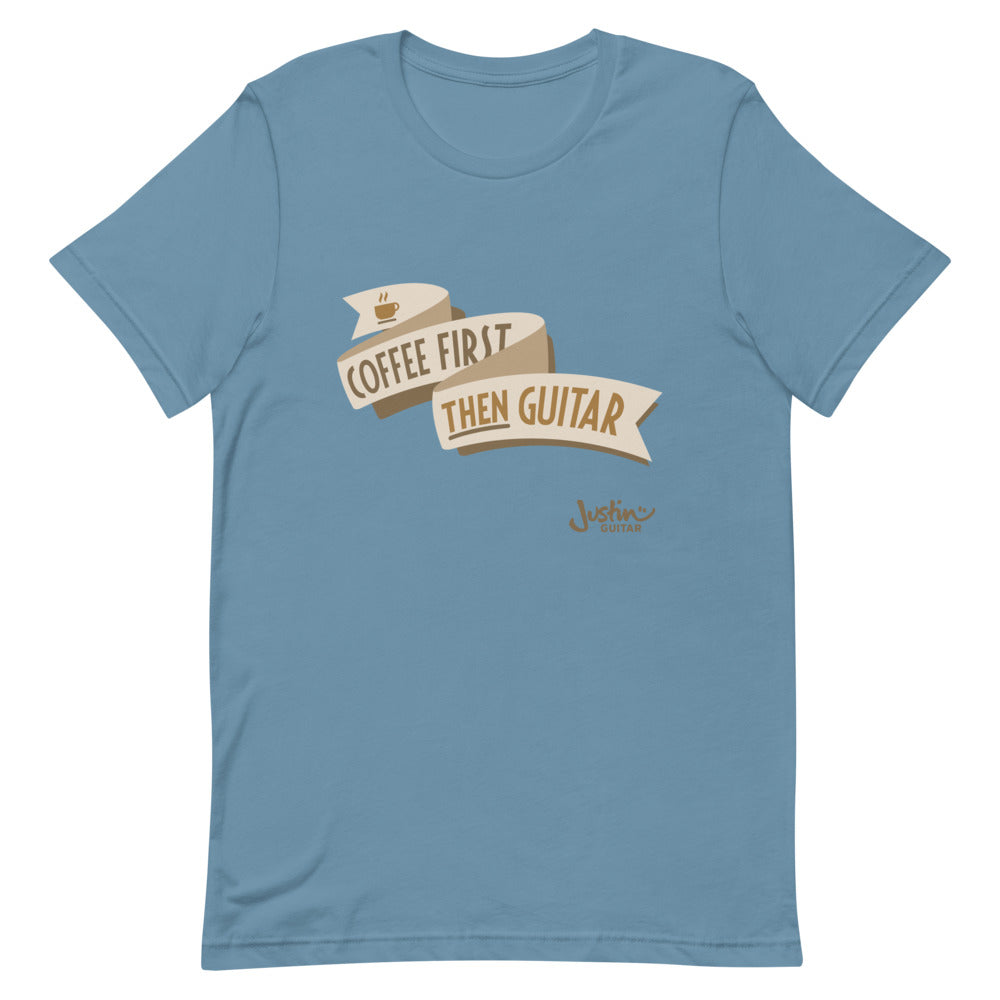 Steel blue tshirt with 'Coffee First, then guitar' design. 