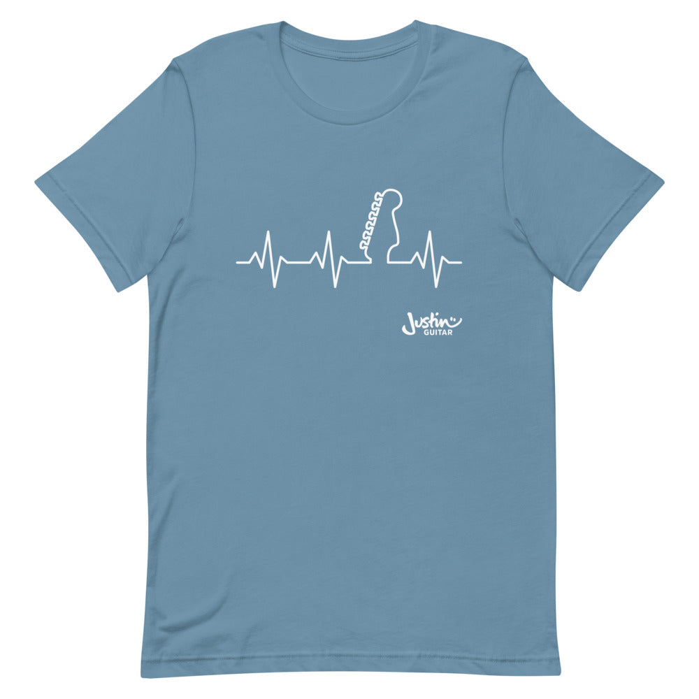 Light blue tshirt with guitar heartbeat design.