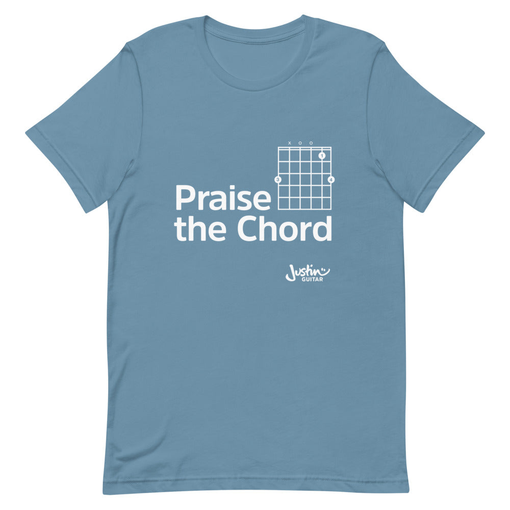 Blue steel tshirt with 'praise the chord' guitar chord design. 