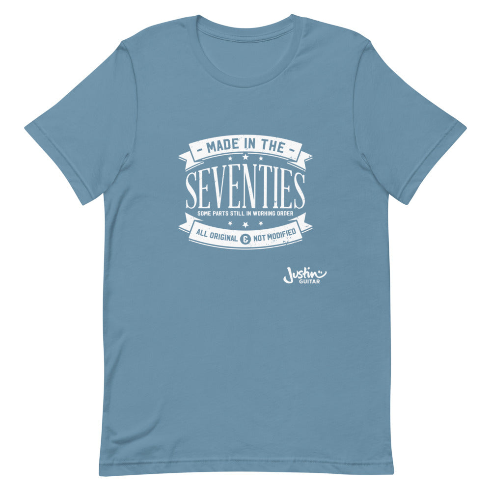 Steel blue tshirt with 'Made in the seventies' design.