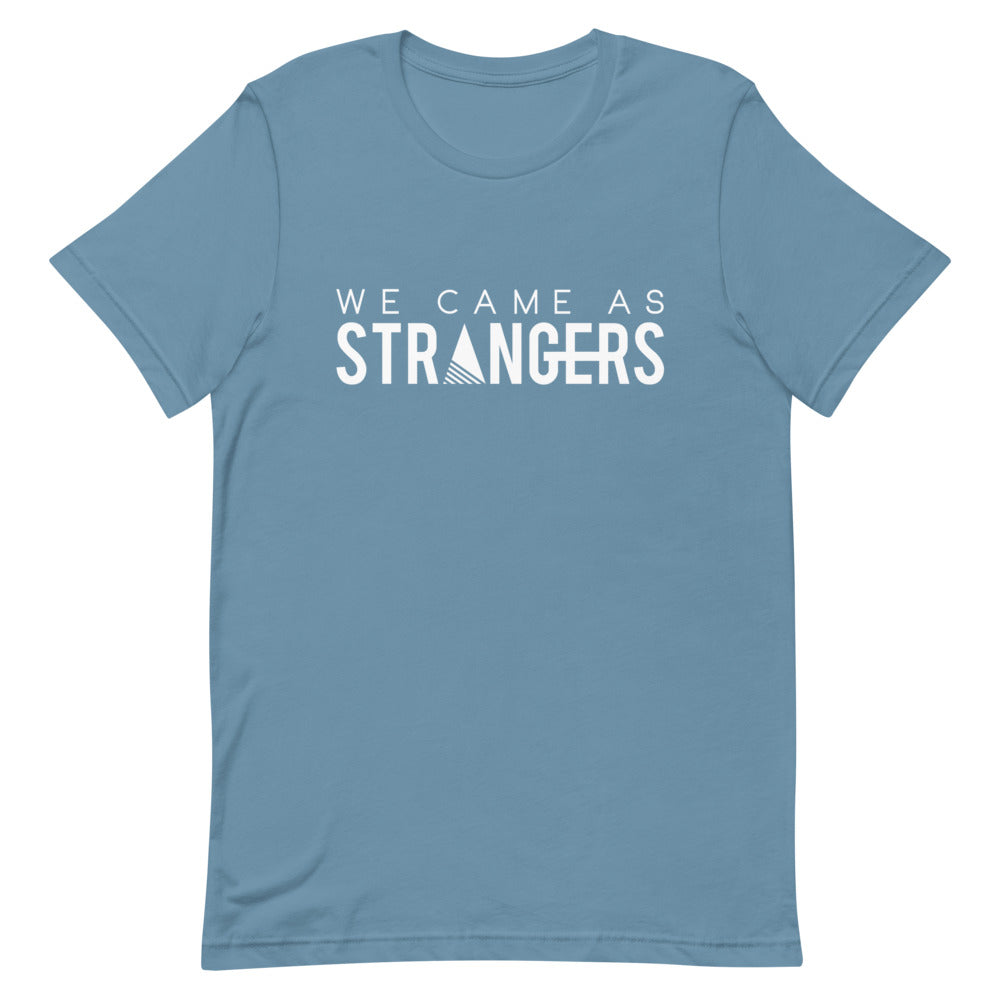 Steel blue tshirt with We Came As Strangers band logo.