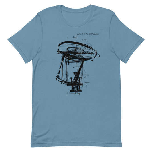 Steel blue tshirt with We Came As Strangers bike design.