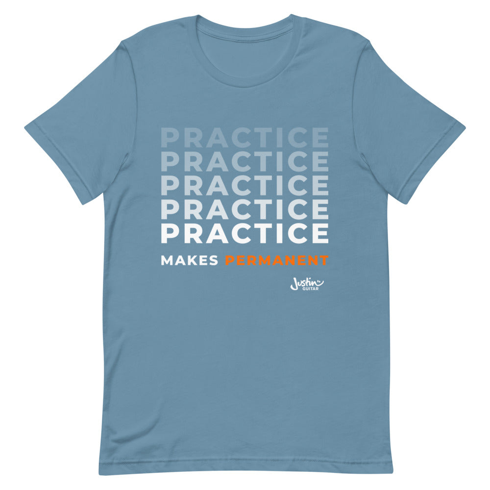 Blue steel tshirt with 'Practice makes permanent' design.