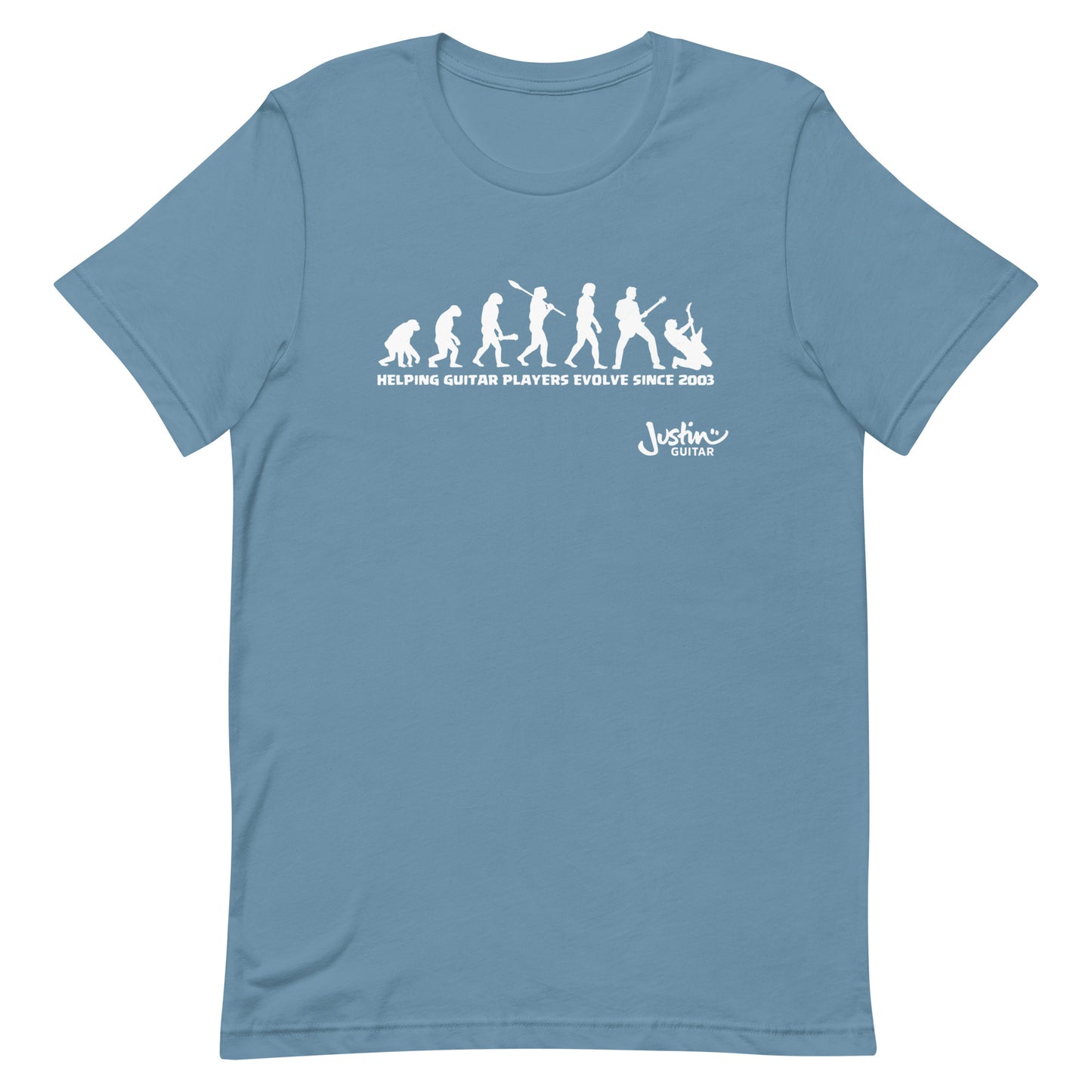 Steel blue Tshirt with funny design of evolving guitar players through time. 