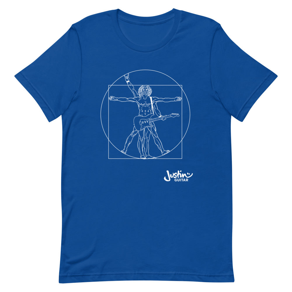 Royal blue T-Shirt with a design of Da Vinci playing the electric guitar. 