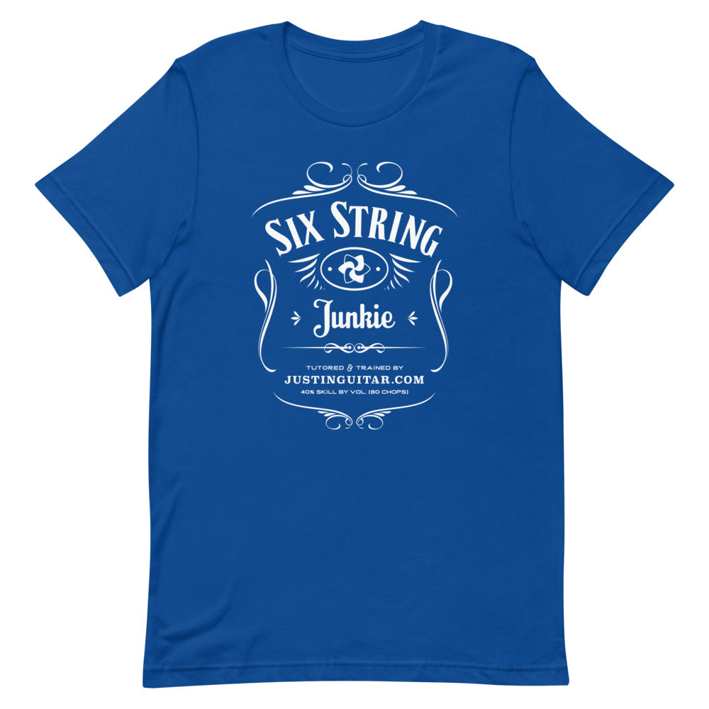 Royal blue tshirt with six string junkie design.