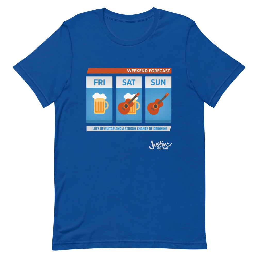 Royal blue tshirt with weekend forecast design showing lots of guitar and a strong change of drinking.
