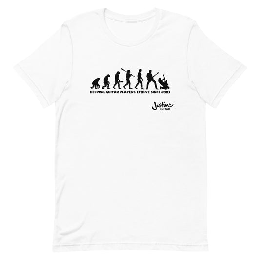 White Tshirt with funny design of evolving guitar players through time.