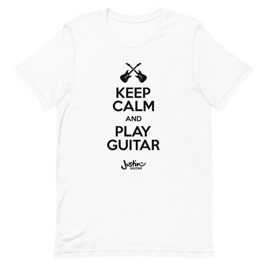  White tshirt with 'Keep calm and play guitar' design.
