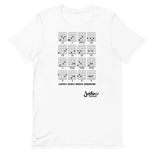 White Tshirt with an upside down Beginner Chords Chart Guitar Shirt.