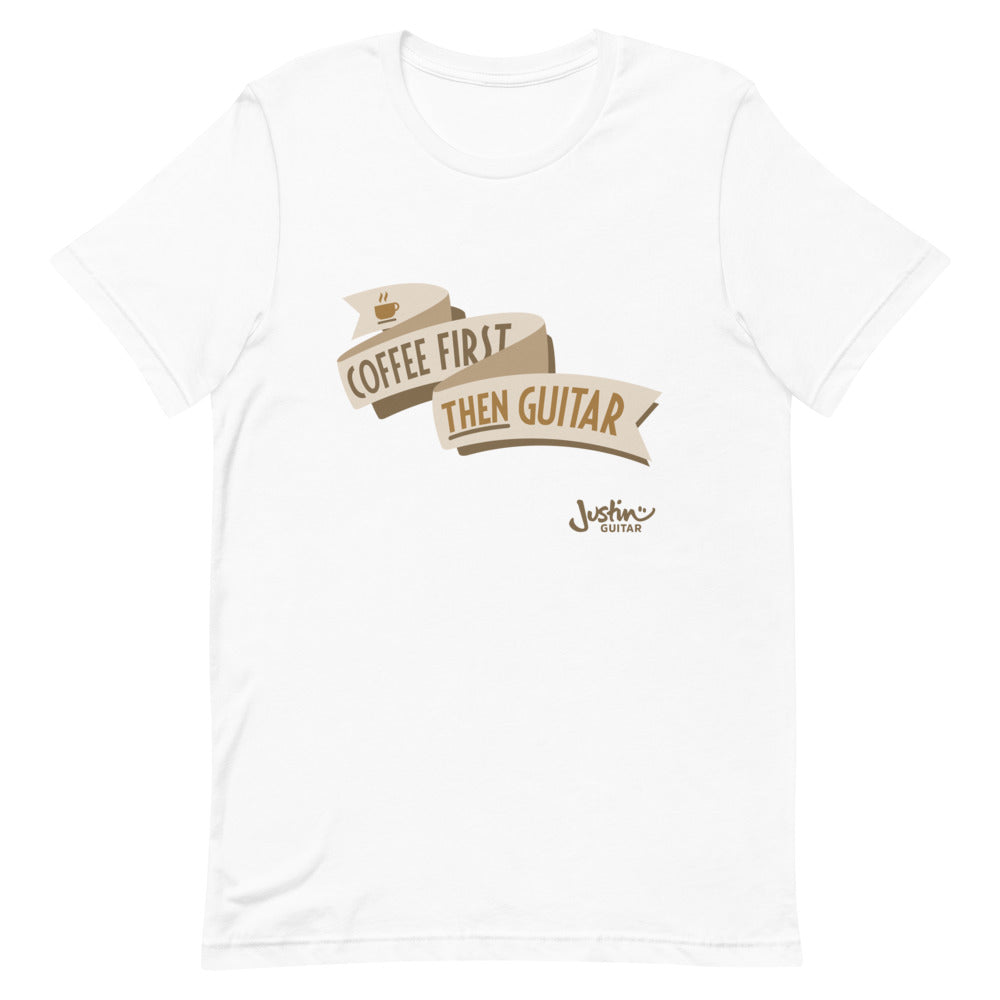 White tshirt with 'Coffee First, then guitar' design. 