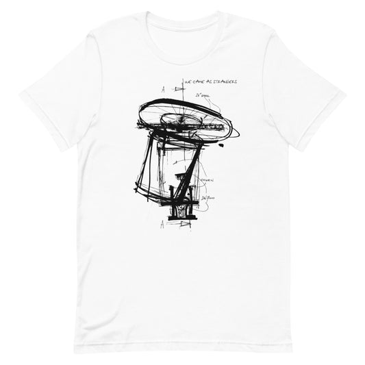 White tshirt with We Came As Strangers bike design.