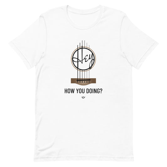White tshirt with with 'Hey, How you doing? guitar design.