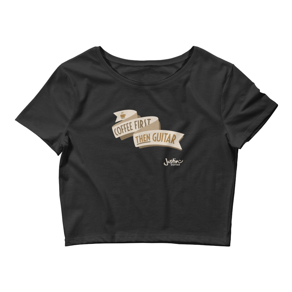 Black cropped tshirt with 'Coffee First, then guitar' design. 
