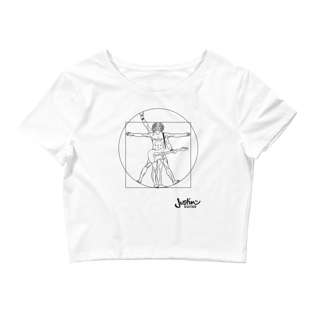 White cropped T-shirt with design of Da Vinci playing the electric guitar. 