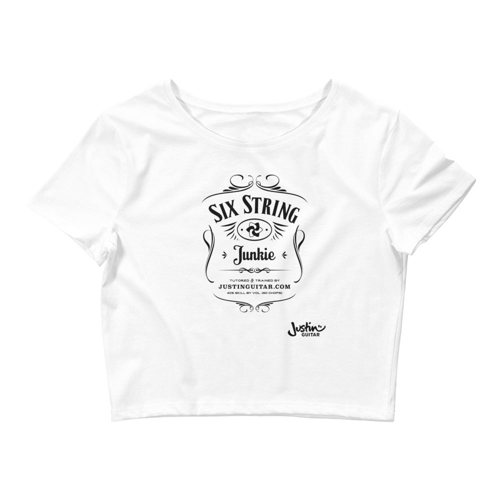 White crop top tshirt with six string junkie design.