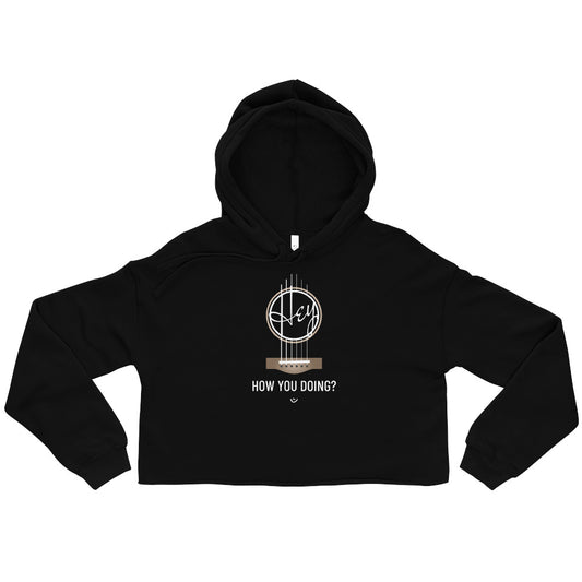 Black cropped hoodie with 'Hey, How you doing? guitar design.