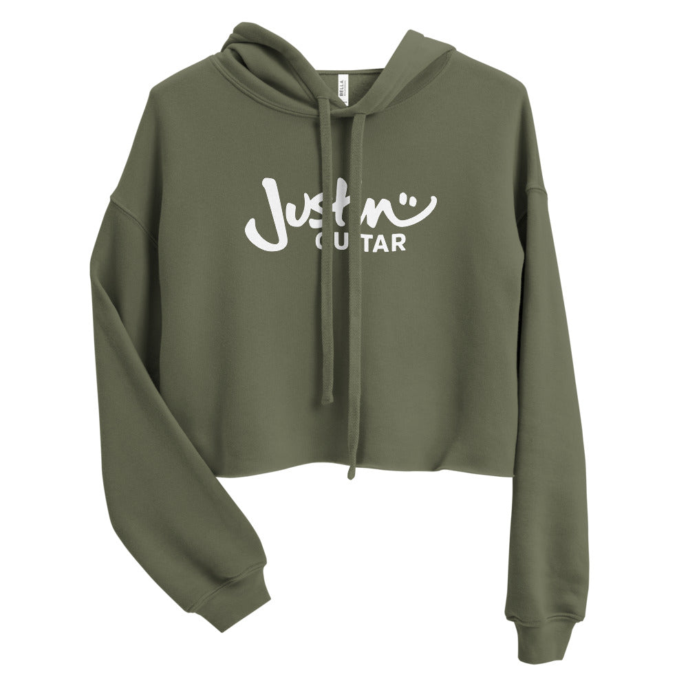 Olive cropped hoodie with JustinGuitar logo.