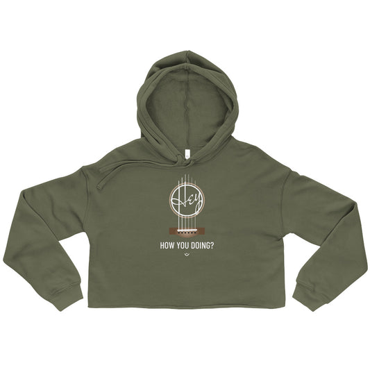 Military green cropped hoodie with 'Hey, How you doing? guitar design.