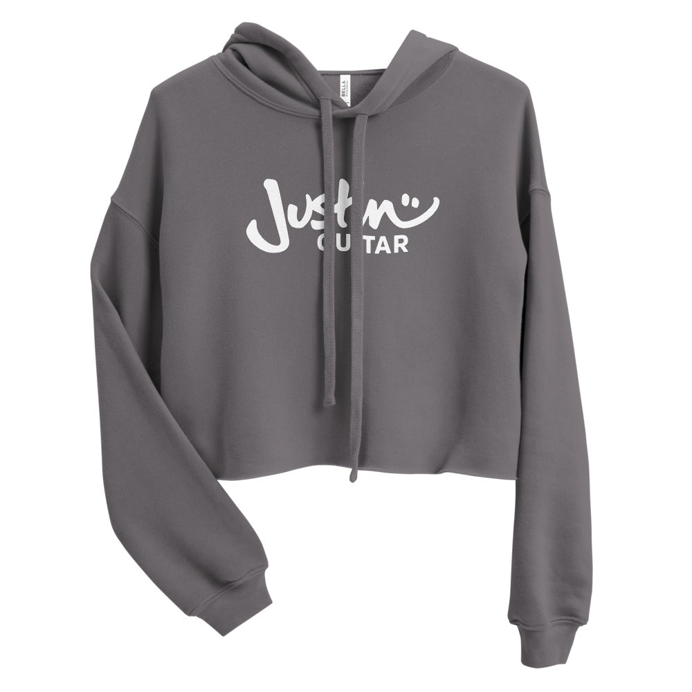 Grey cropped hoodie with JustinGuitar logo.