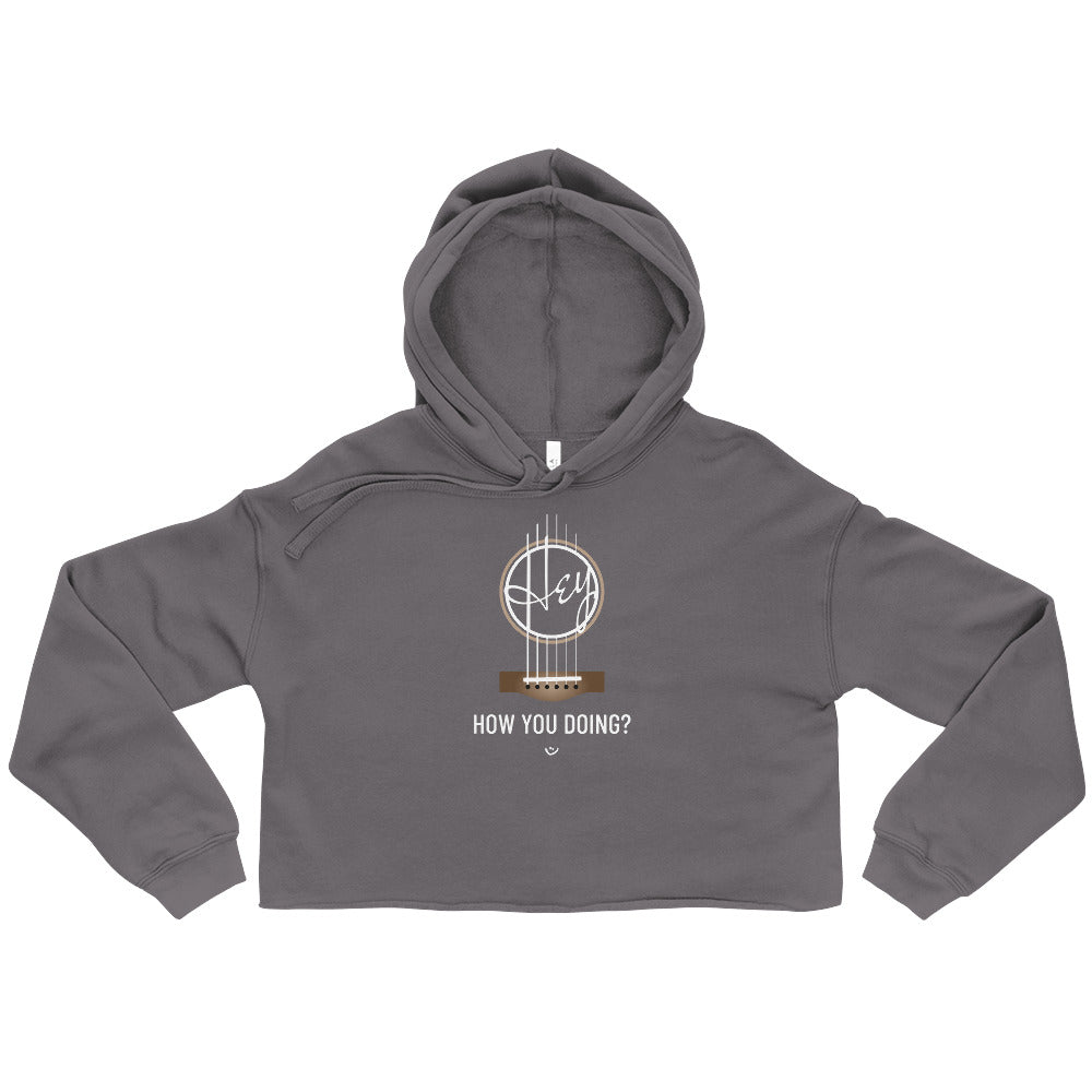 Grey cropped hoodie with 'Hey, How you doing? guitar design.