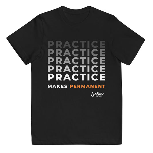 Kids black tshirt with 'Practice makes permanent' design.