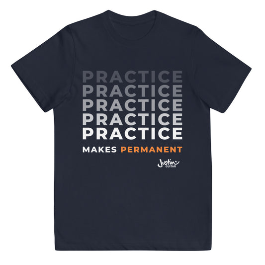 Kids navy tshirt with Black tshirt with 'Practice makes permanent' design.
